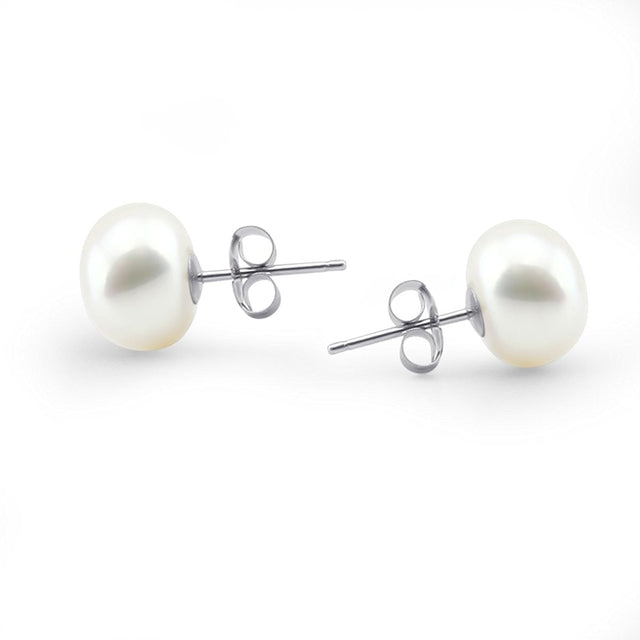 14K White Gold 7β8mm White Button-Shaped Freshwater Cultured Pearl Stud Earrings