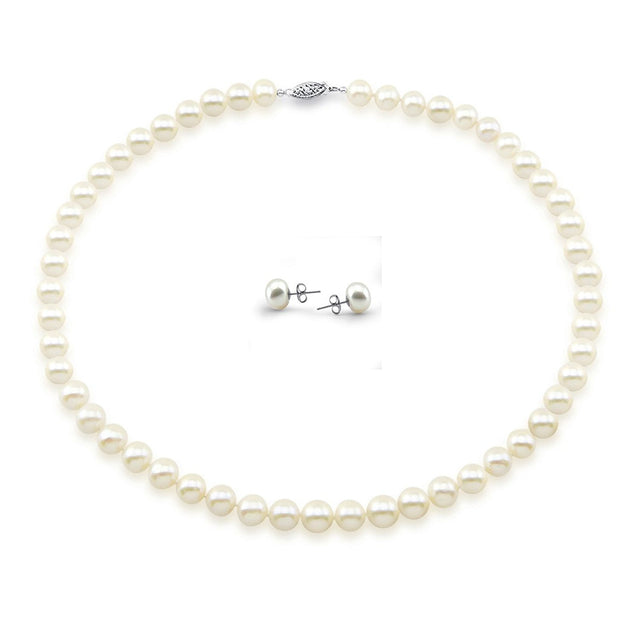 14K White Gold 8β9mm White Freshwater Cultured Pearl Necklace, 18", and Earring Set