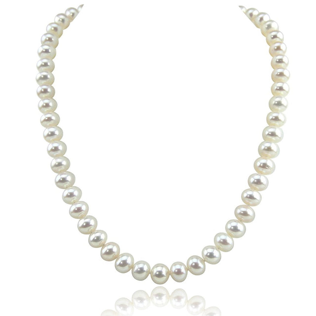 Near-round 8.5β9.5mm white Freshwater cultured pearls in a U-shaped strand; close view of pearl shape.