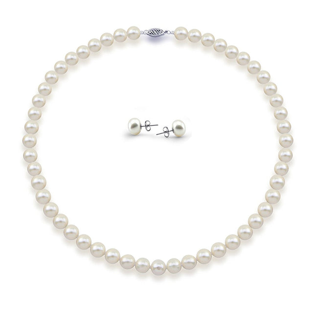 14K White Gold 7.5β8mm White Freshwater Cultured Pearl Necklace, 18", and Earring Set