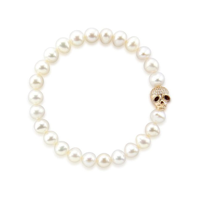7β8mm White Freshwater Pearl Skull Bead Bracelet, 8"