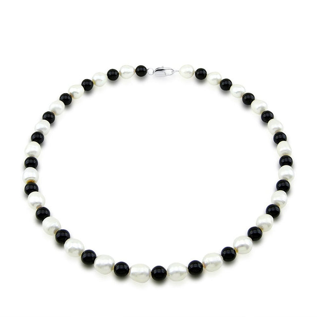 9β10mm White Freshwater Pearl & Black Onyx Necklace, 18"
