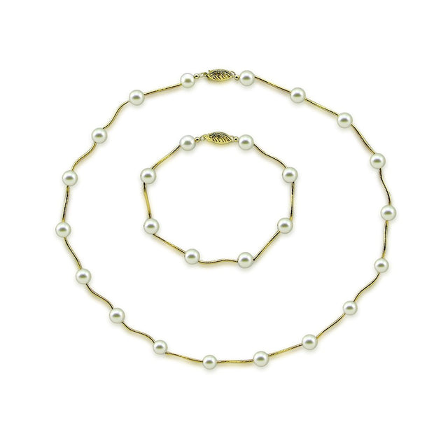 14K Gold 7β7.5mm White Akoya Pearl Necklace & Bracelet Set