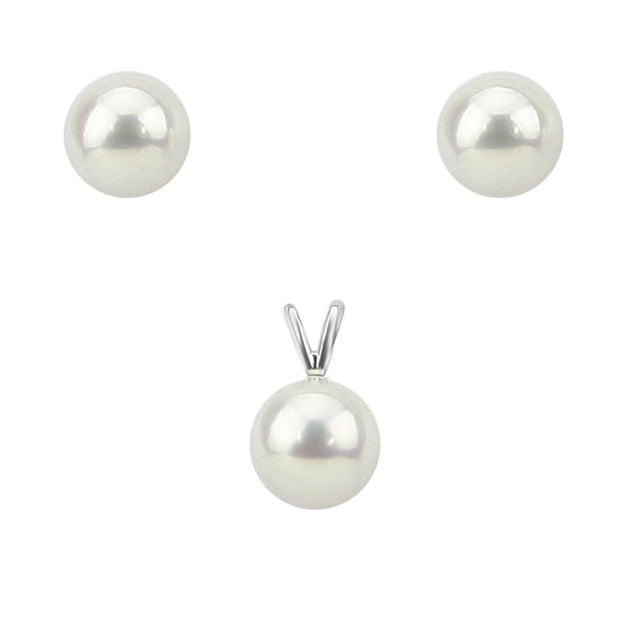 14K White Gold 5.5β6mm White Round Freshwater Cultured Pearl Stud Earrings and Pendant Set