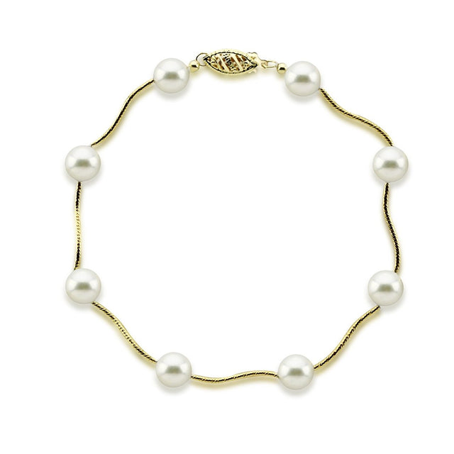 14K Yellow Gold 7β7.5mm White Akoya Cultured Pearl Station Bracelet, 7.5"