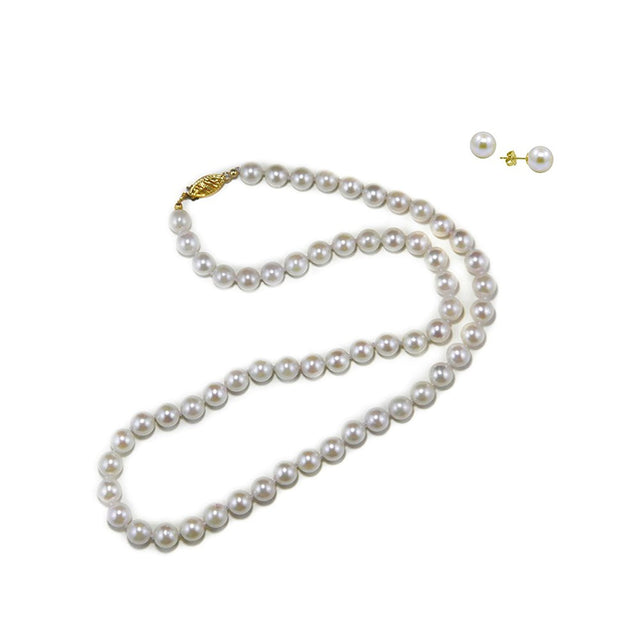 14K Gold 6.5β7mm White Akoya Pearl Necklace & Stud Set