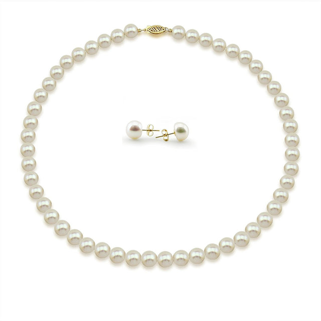 14K Yellow Gold 8β9mm White Freshwater Cultured Pearl Necklace, 18", and Earring Set