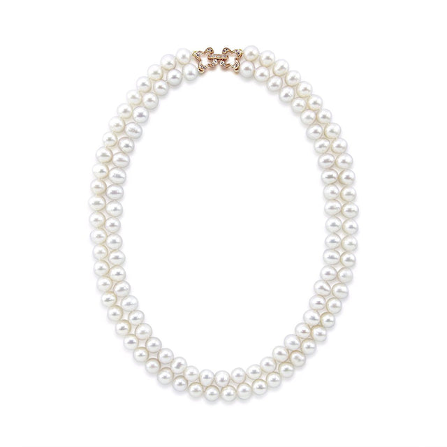 2-Row 7β7.5mm White Freshwater Cultured Pearl Necklace, 18", with Rose-Gold-Tone Base Metal Rhinestone Clasp