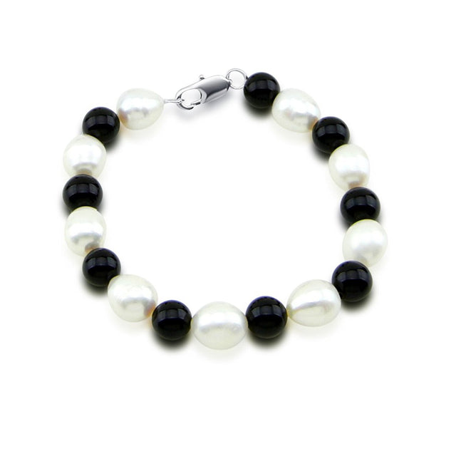 9β10mm White Freshwater Pearl & Black Onyx Bracelet, 7.5"