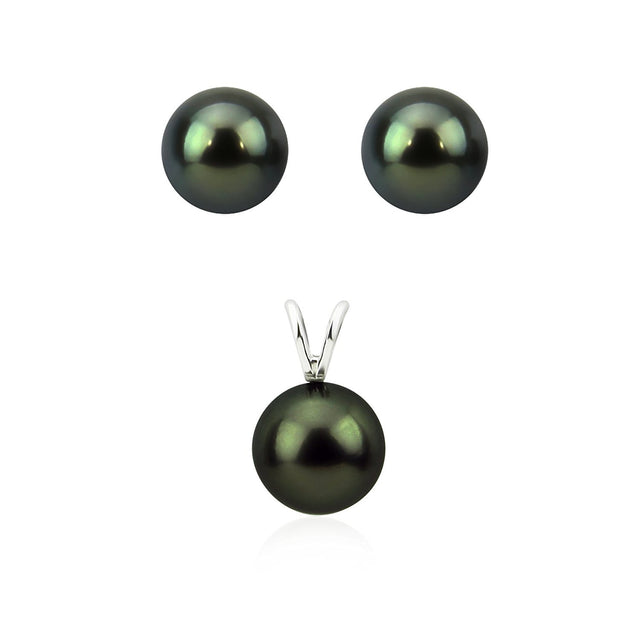 14K White Gold 9β10mm Black Tahitian Pearl Pendant & Earrings