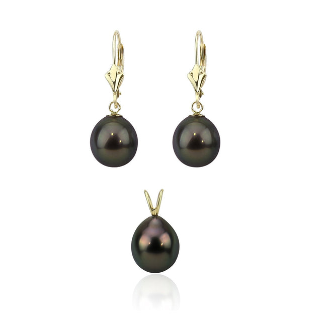 14K Yellow Gold 9β10mm Pear-Shaped Black Tahitian Cultured Pearl Pendant and Leverback Earring Set