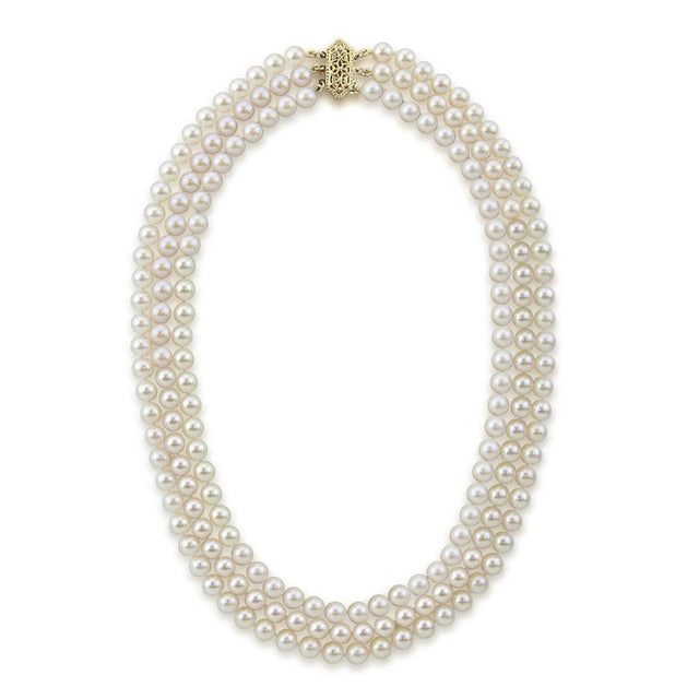 14K Yellow Gold Triple-Strand 6β6.5mm White Saltwater Akoya Cultured Pearl Necklace, 20"