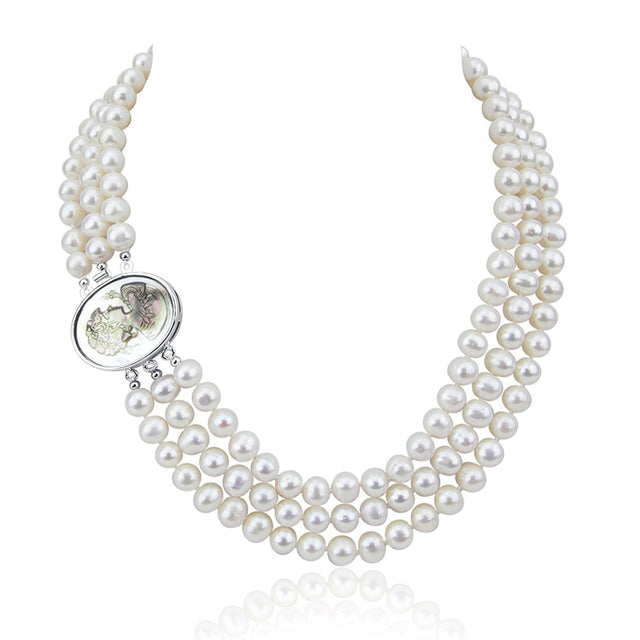 3-Row White Freshwater Pearl Necklace, 16.5β18"