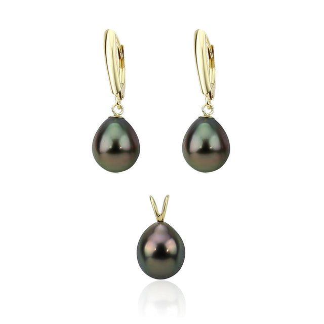 14K Gold 9β10mm Black Tahitian Pearl Pendant & Lever-Back Earrings