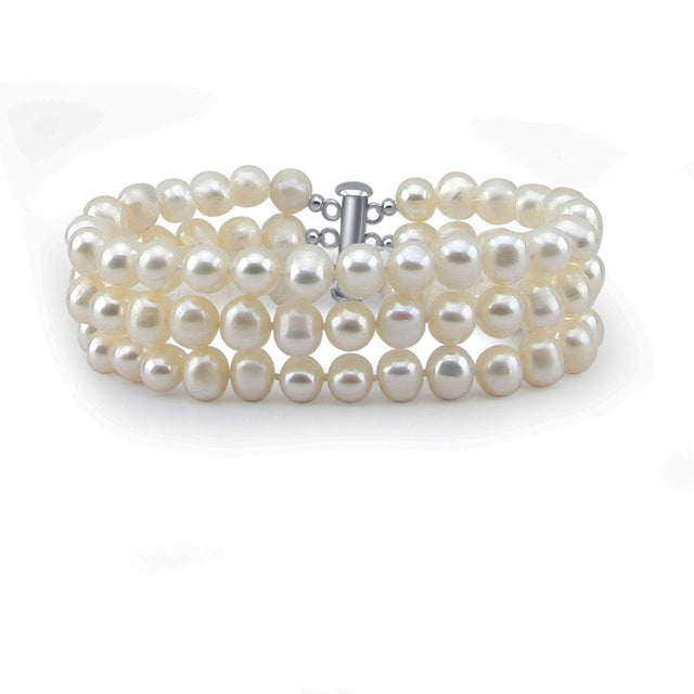 3-Row 6.5β7mm White Freshwater Cultured Pearl Bracelet with Base Metal Clasp, 8"