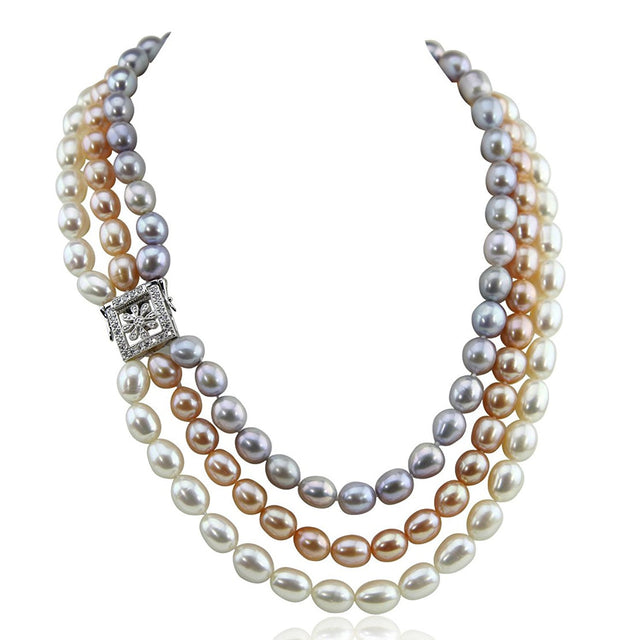 3-Row 8β9mm Multi-Color Oval Freshwater Pearl Necklace