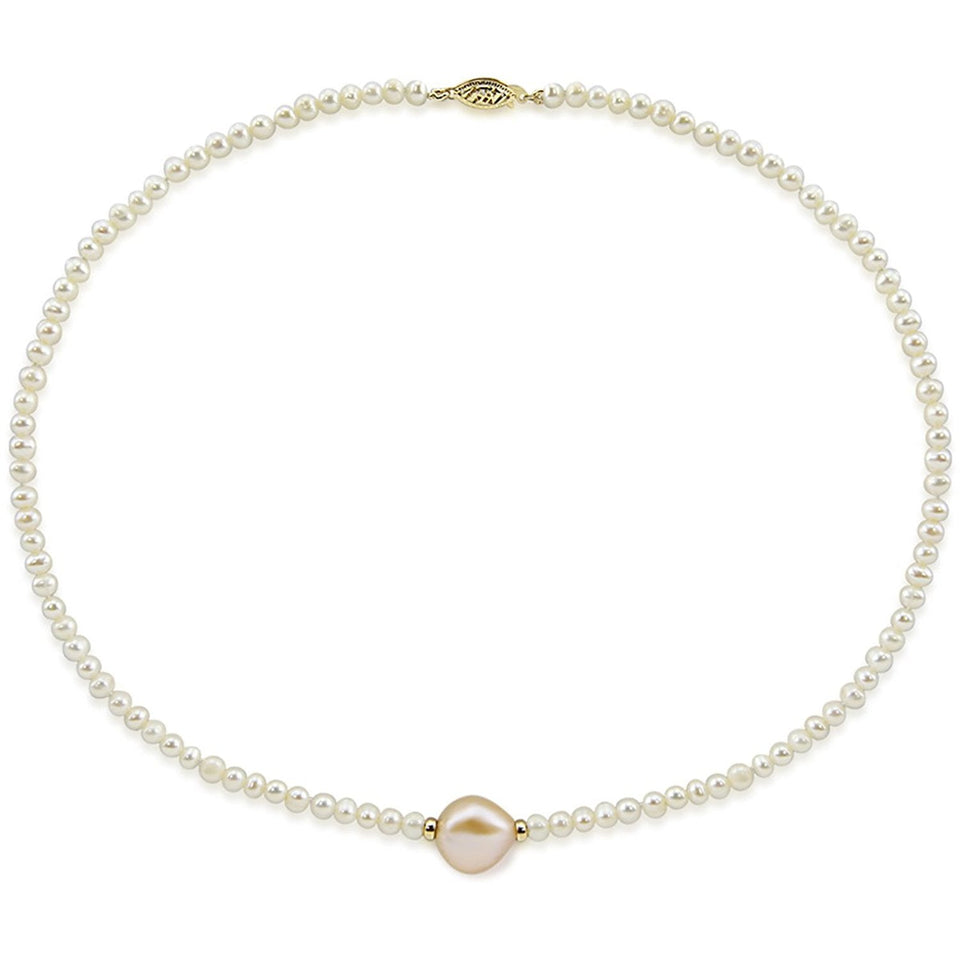 14K Yellow Gold 4–5mm White and 12–13mm Pink Baroque Freshwater Cultured Pearl Necklace, 20"