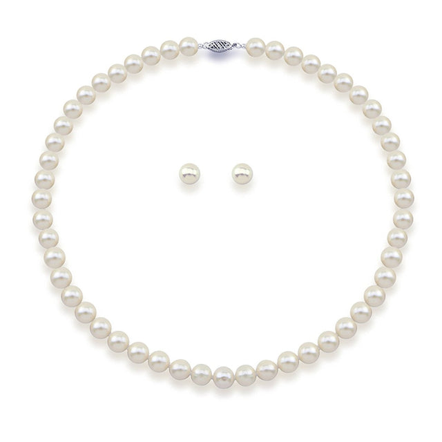 8–9mm white freshwater cultured pearl necklace and stud earring set with 14K white gold findings