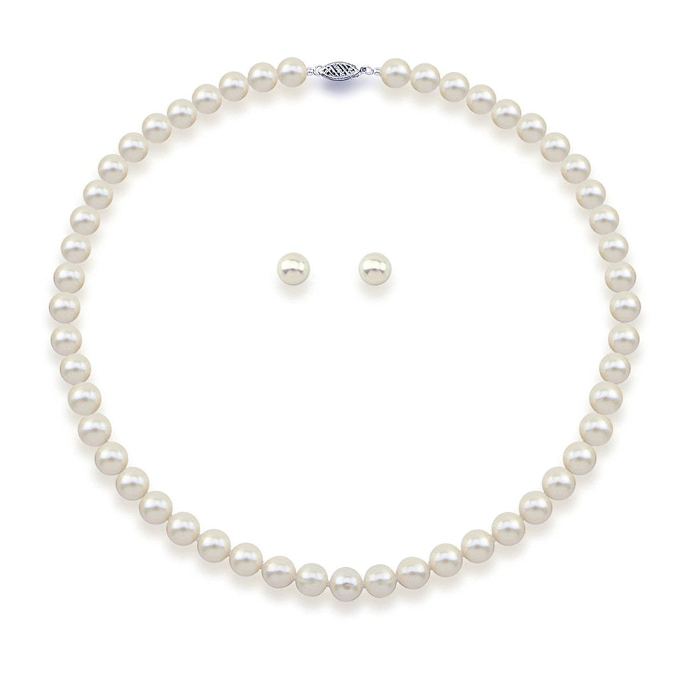 14K White Gold 6.5–7mm White Freshwater Cultured Pearl Necklace, 18", and Earring Set