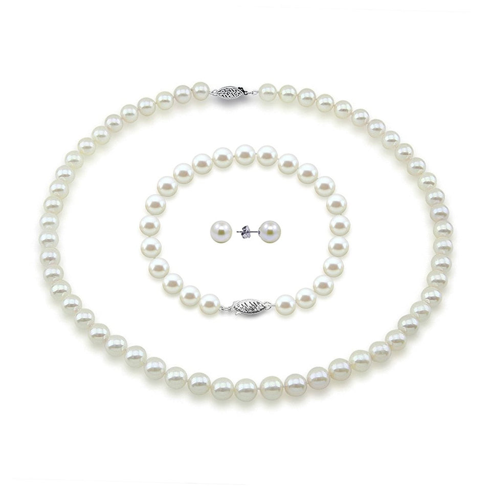 14K White Gold 8–9mm White Freshwater Cultured Pearl Necklace, 18", Bracelet, and Earring Set