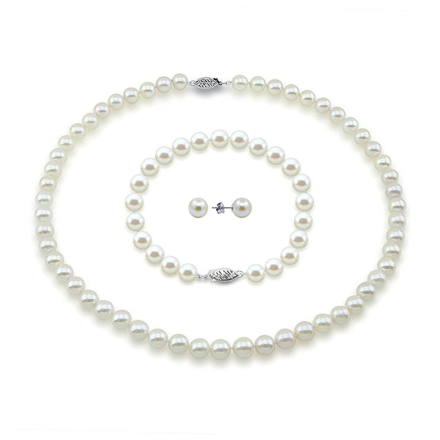 14K White Gold 8–9mm White Freshwater Cultured Pearl Necklace, 18", Bracelet, and Earring Set