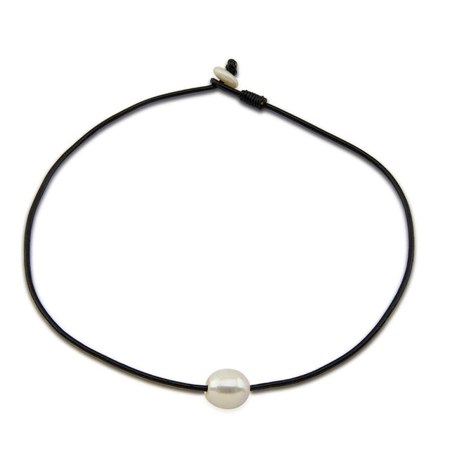 12–13mm White Freshwater Cultured Pearl Leather Necklace, 16"