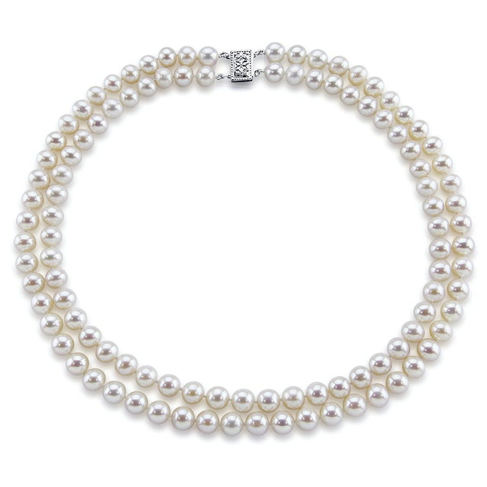 14K White Gold Double-Strand 8–9mm White Freshwater Cultured Pearl Necklace, 17"