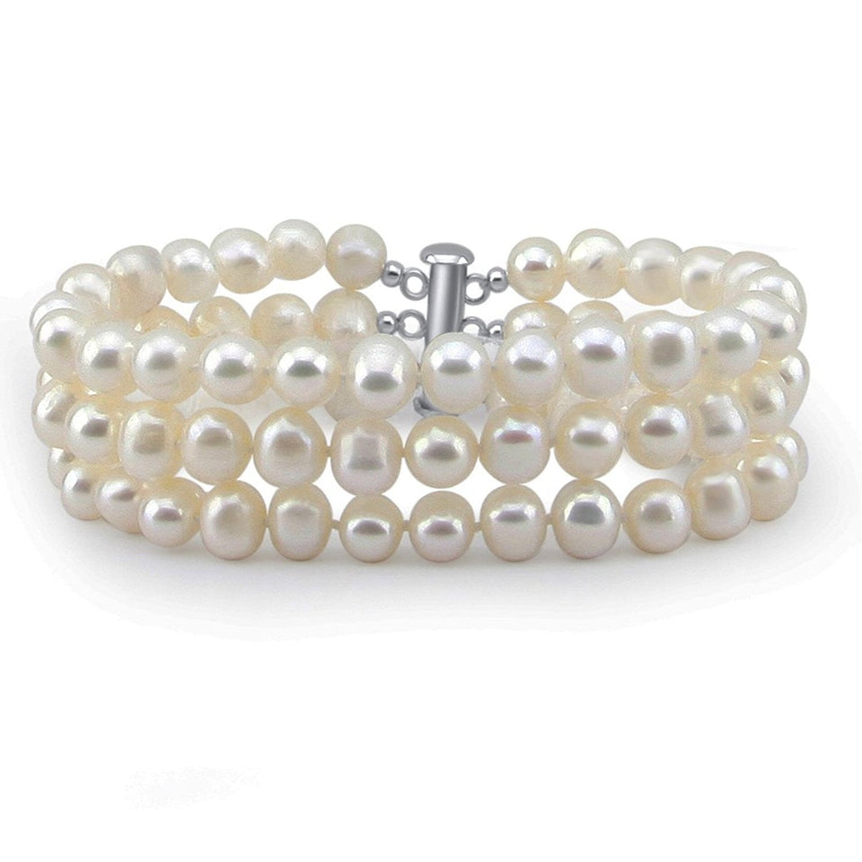 3-Row 6.5–7mm White Freshwater Cultured Pearl Bracelet, 7.5"