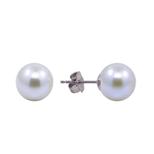 14K White Gold 10–11mm Round White Freshwater Cultured Pearl Stud Earrings