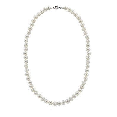 Full oval view of the 17-inch, 7.5–8mm white Freshwater cultured pearl necklace with a fishhook clasp.