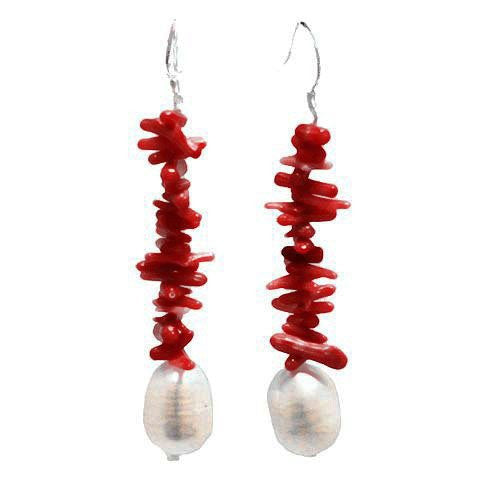 Red Coral and Freshwater Cultured Pearl Earring with Sterling Silver Fishhook