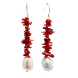 Red Coral and Freshwater Cultured Pearl Earring with Sterling Silver Fishhook