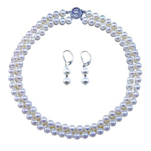 2-Row 8–9mm White Freshwater Cultured Pearl Necklace, 17–18", with Matching Earring Set