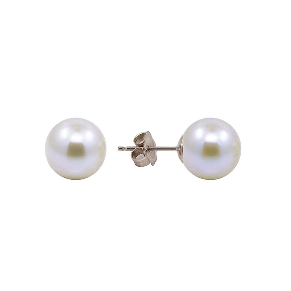 14K White Gold 8.5–9mm Round White Freshwater Cultured Pearl Stud Earrings