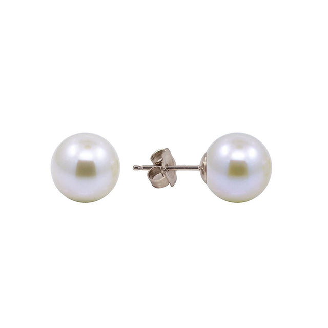 14K White Gold 8.5–9mm Round White Freshwater Cultured Pearl Stud Earrings