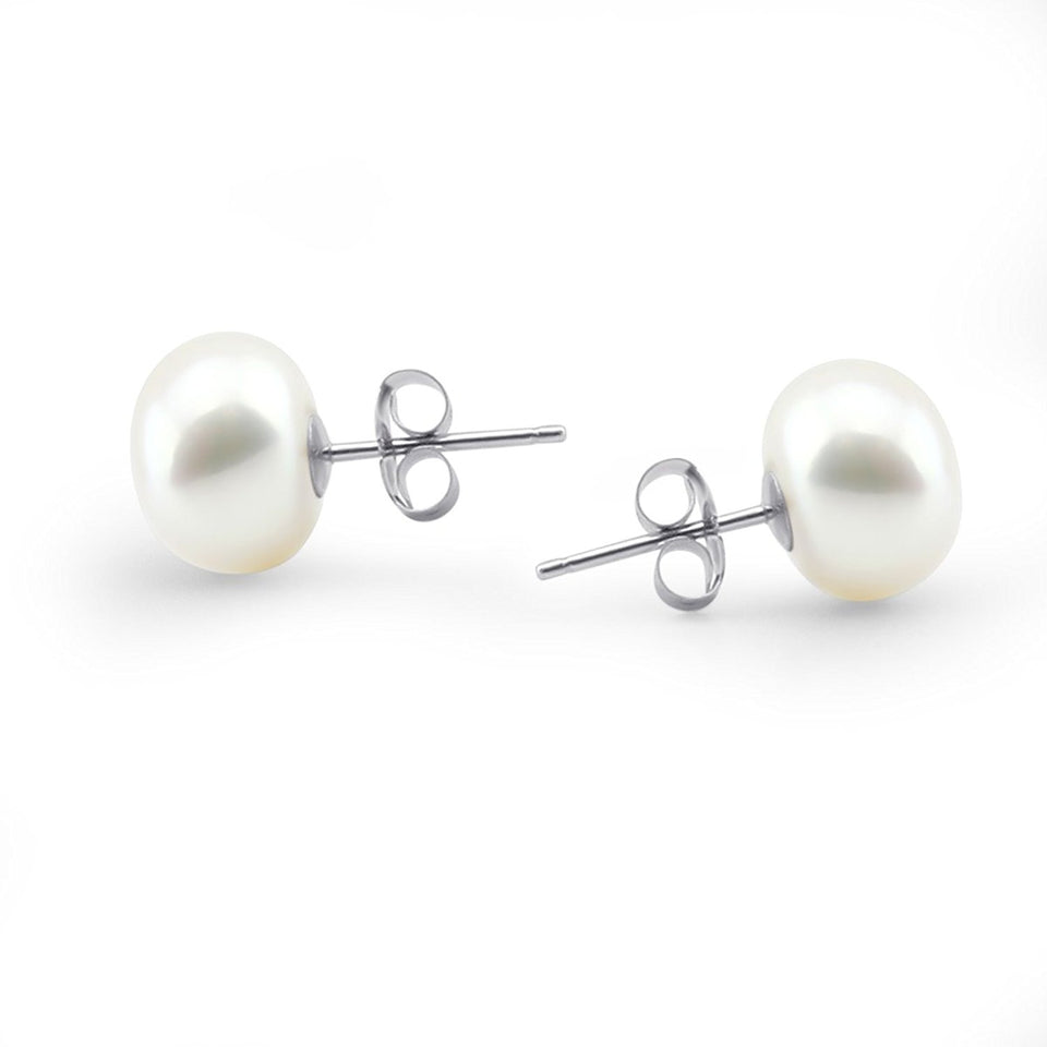 14K White Gold 10–11mm White Button Freshwater Cultured Pearl Stud Earrings