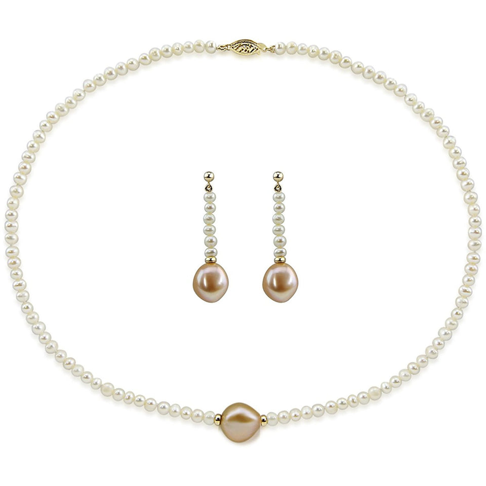 14K Yellow Gold 12–13mm Pink and 4–5mm White Baroque Freshwater Cultured Pearl Necklace, 18", and Earring Set