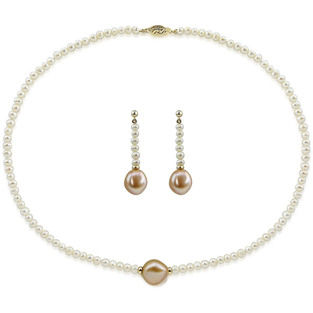 14K Yellow Gold 12–13mm Pink and 4–5mm White Baroque Freshwater Cultured Pearl Necklace, 18", and Earring Set