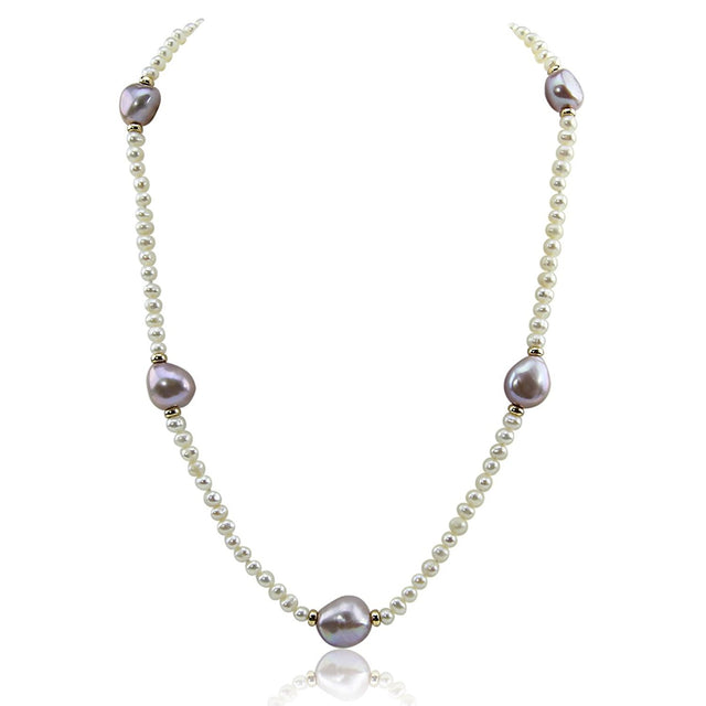 14K Yellow Gold 4–5mm and 11–13mm Lavender and White Baroque Freshwater Cultured Pearl Necklace, 18"
