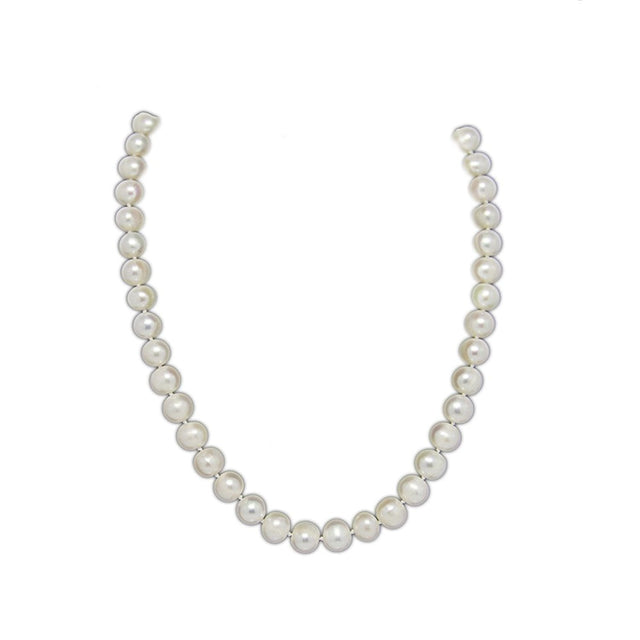 9–10mm white semi-round Freshwater cultured pearls shown in a U-shaped strand; necklace photograph.