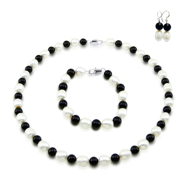 9–10mm White Freshwater Cultured Pearl and Black Onyx Necklace, 18", Bracelet, 7.5", and Earring Set