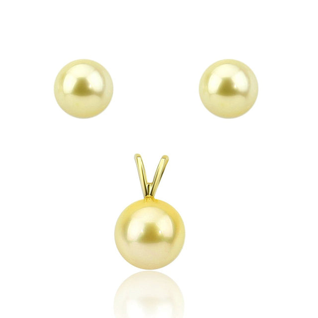 14K Yellow Gold 9–10mm Light Golden South Sea Cultured Pearl Stud Earrings and Pendant Set