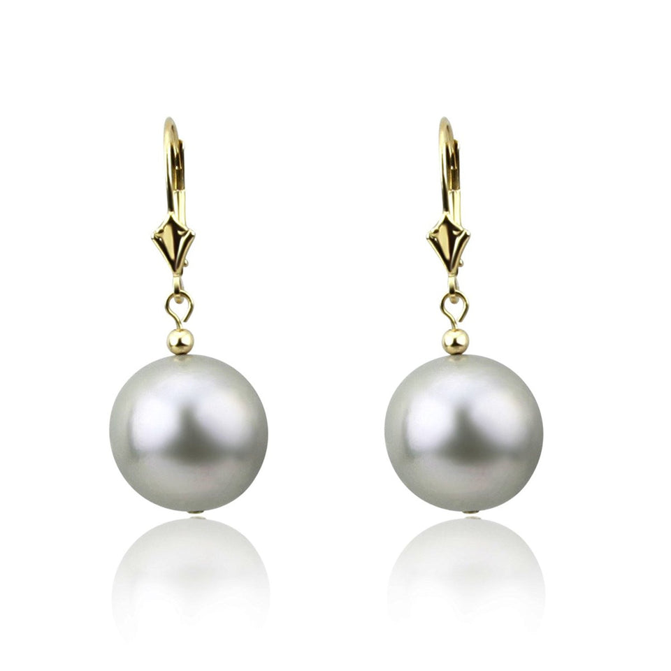 14K Yellow Gold 13–14mm Round Grey Freshwater Cultured Pearl Lever-Back Earrings