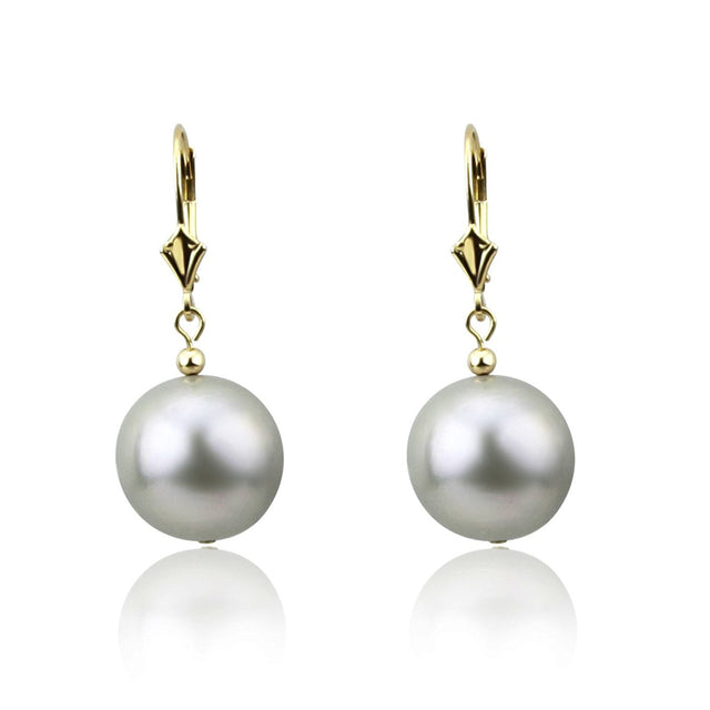 14K Yellow Gold 13–14mm Round Grey Freshwater Cultured Pearl Lever-Back Earrings