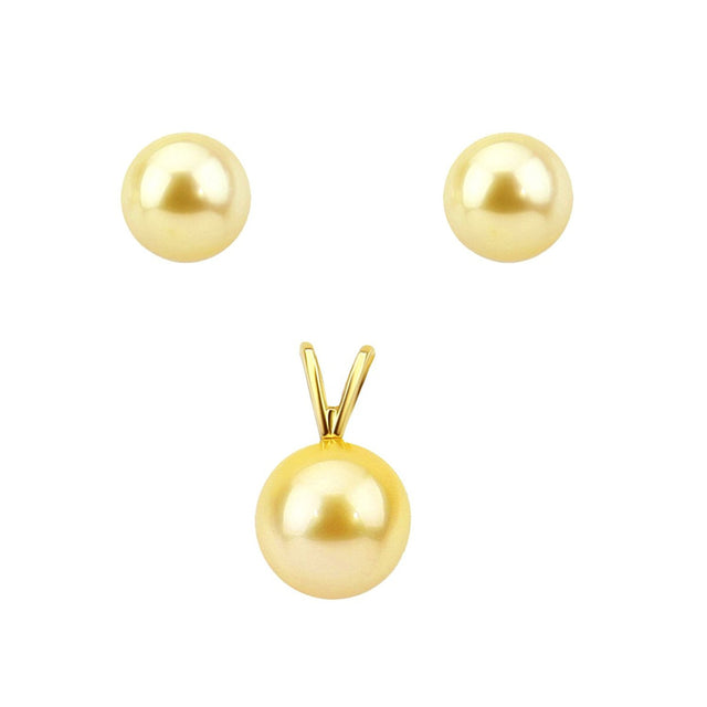 14K Yellow Gold 9–10mm Golden South Sea Cultured Pearl Stud Earrings and Pendant Set
