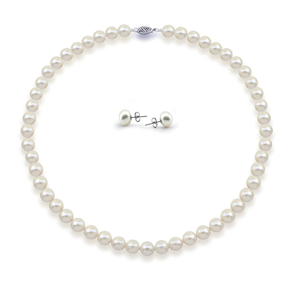 14K White Gold 7.5–8mm White Freshwater Cultured Pearl Necklace, 18", and Earring Set