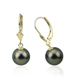 14K Yellow Gold 9–10mm Round Black Tahitian Cultured Pearl Pendant and Lever-Back Earring Set