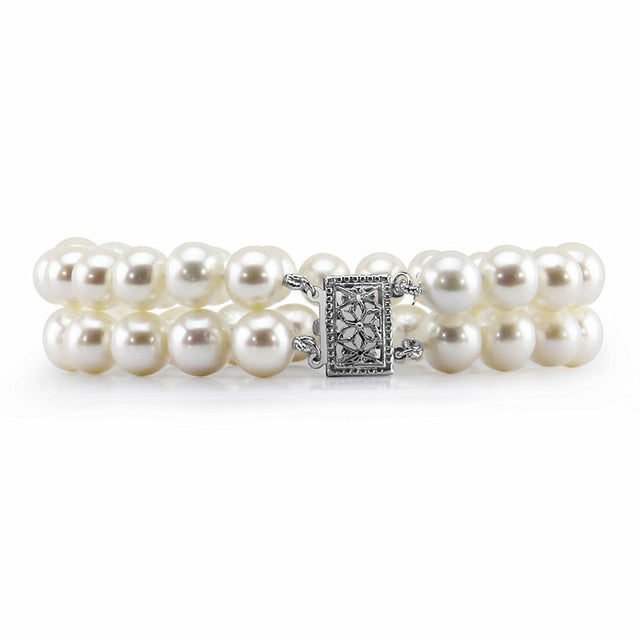 14K White Gold 8–9mm 2-Row White Freshwater Cultured Pearl Bracelet, 7.5"