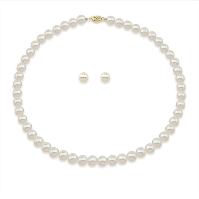 14K Yellow Gold 8–9mm White Freshwater Cultured Pearl Necklace, 18", and Earring Set