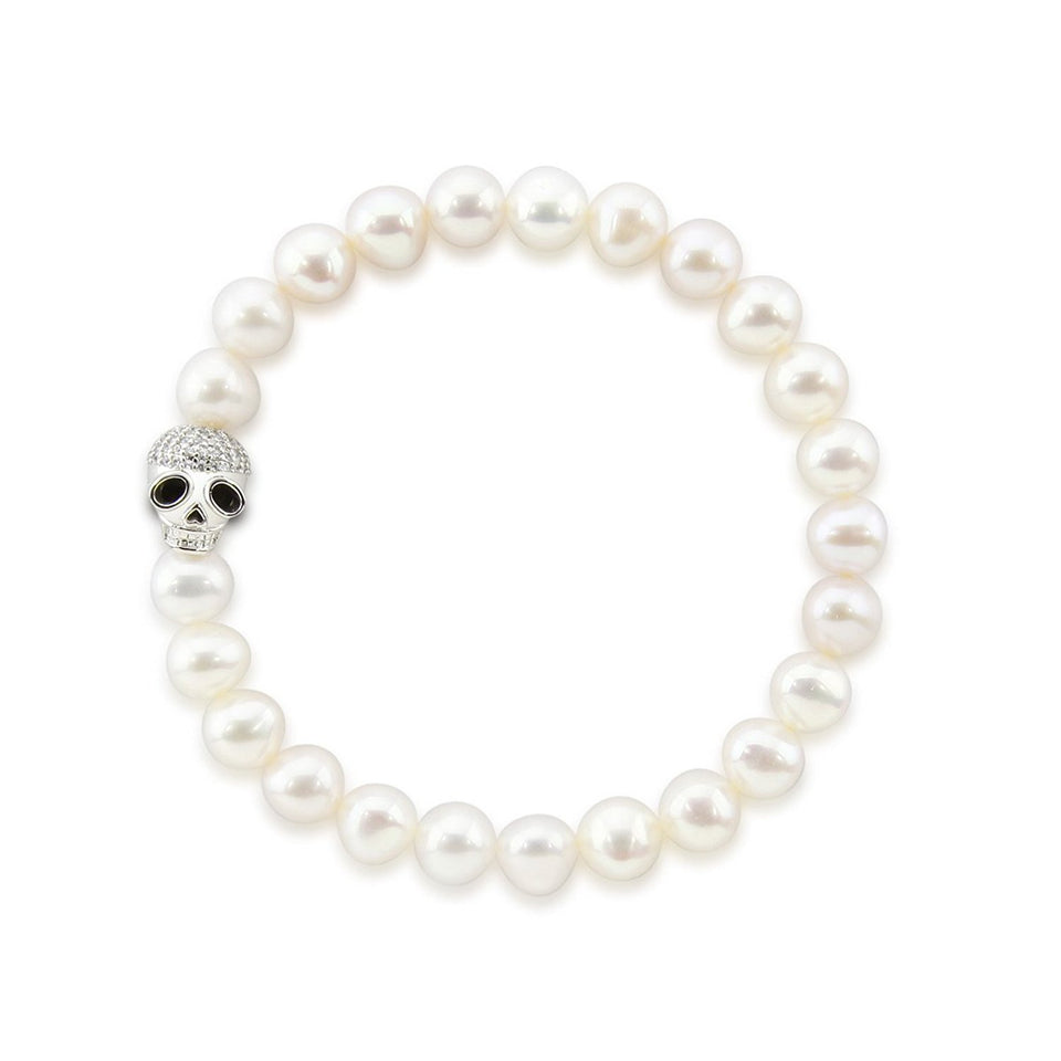 7–8mm White Freshwater Cultured Pearl Bracelet, 7.5", with Skull Bead